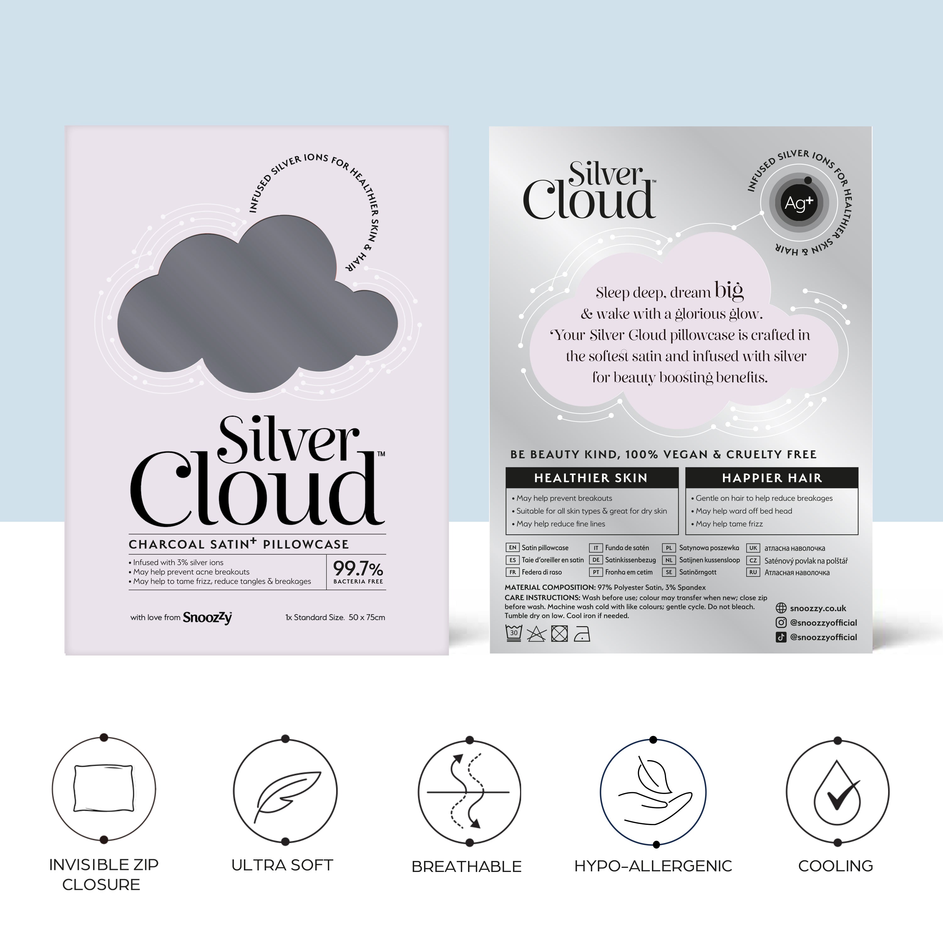 Silver Cloud Charcoal Satin Pillowcase With Silver Ions
