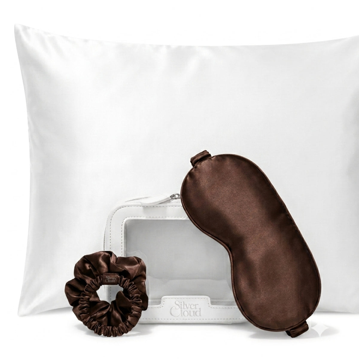 Silver Cloud Chocolate Satin+ Beauty Sleep Gift Set - Pillowcase, Sleep Mask & Scrunchies