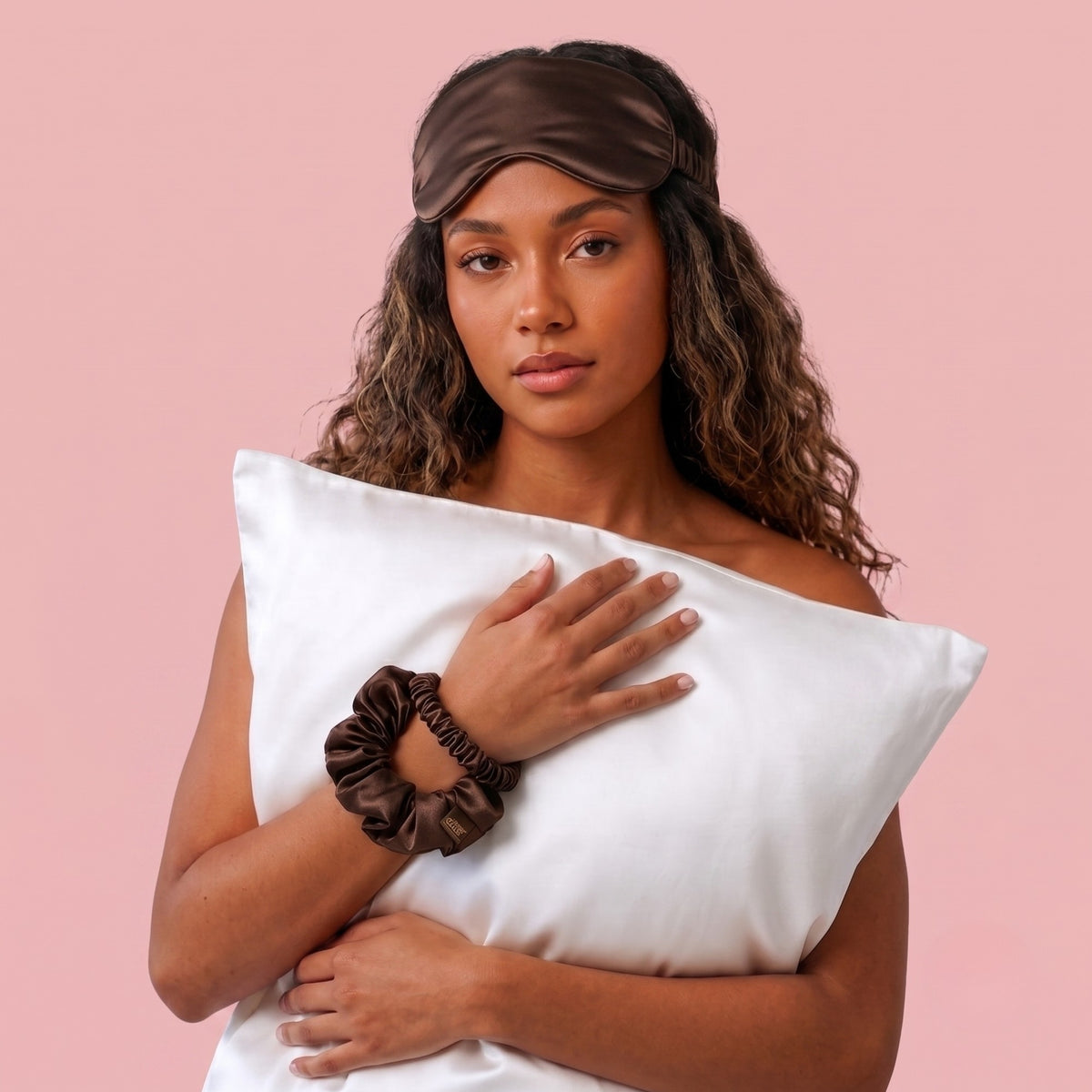 Silver Cloud Chocolate Satin+ Beauty Sleep Gift Set - Pillowcase, Sleep Mask & Scrunchies