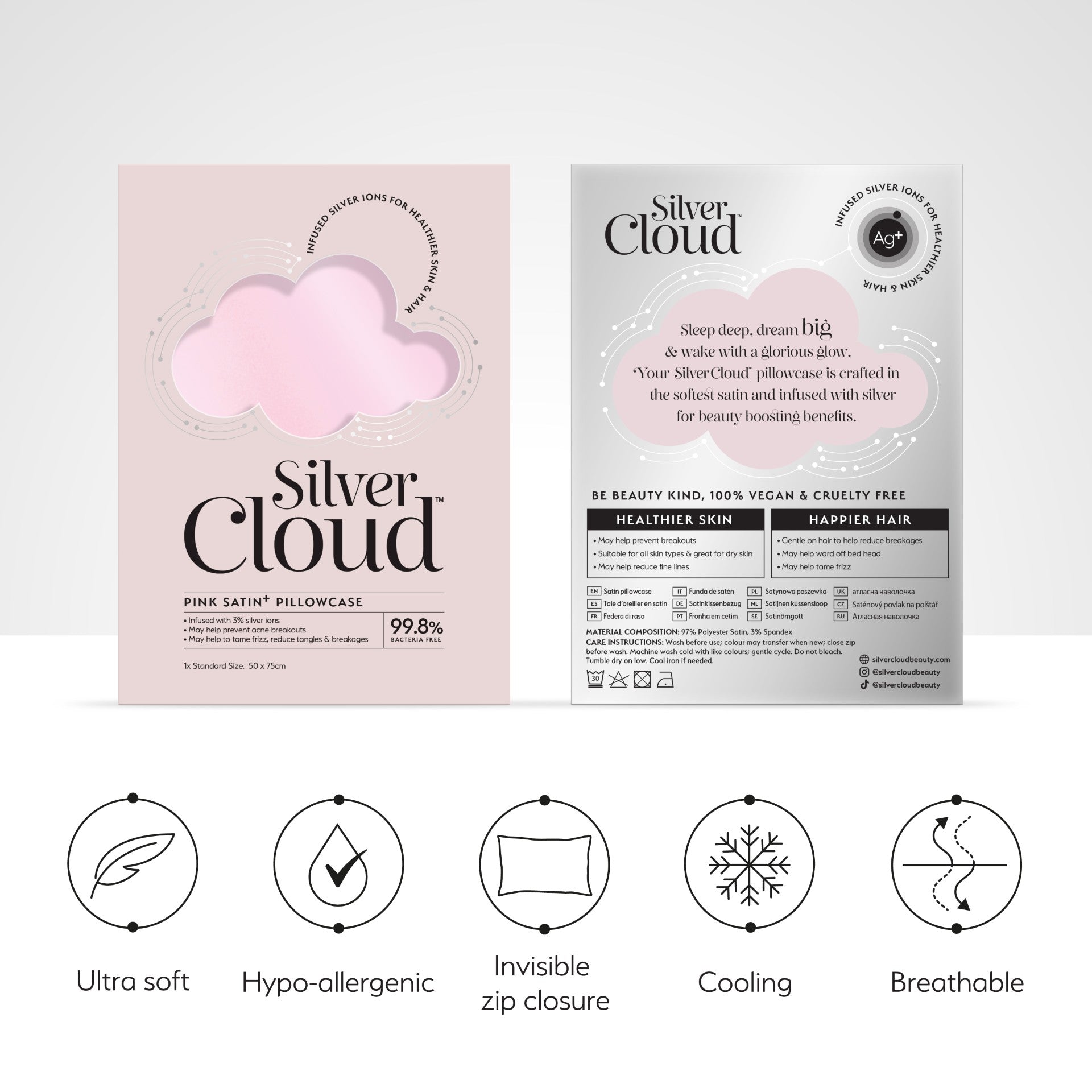 Silver Cloud Pink Satin Pillowcase infused with Silver Ions