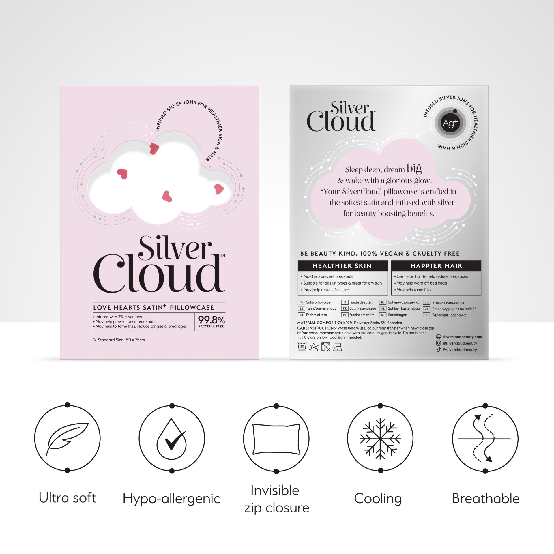 Silver Cloud Satin Heart Pillowcase Love Heart Infused With Silver Ions