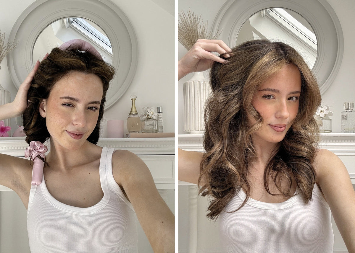 before and after image of a women with a heatless curler in her hair