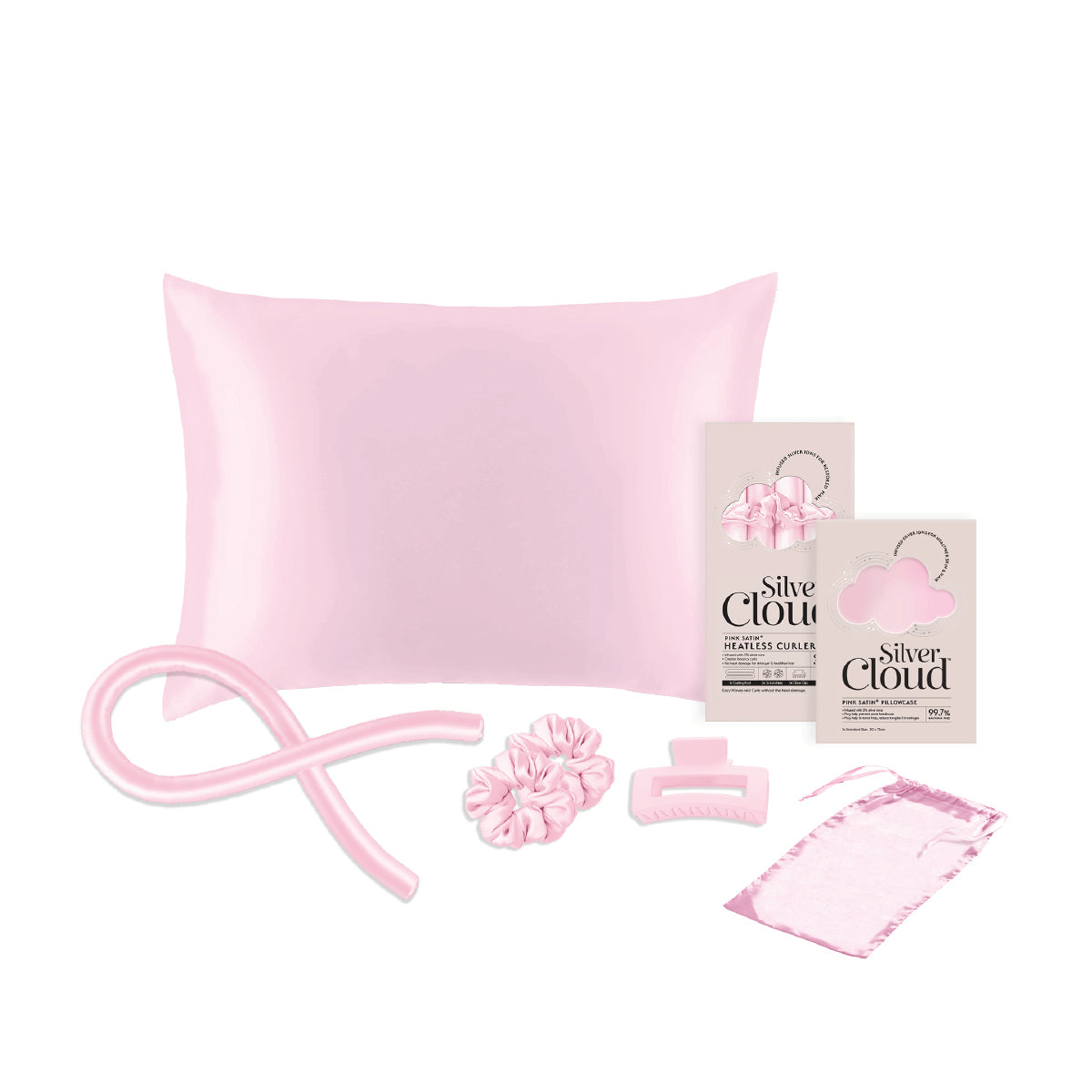 Silver Cloud Silver-Infused Heatless Curler Set & Pillowcase Bundle – Pink