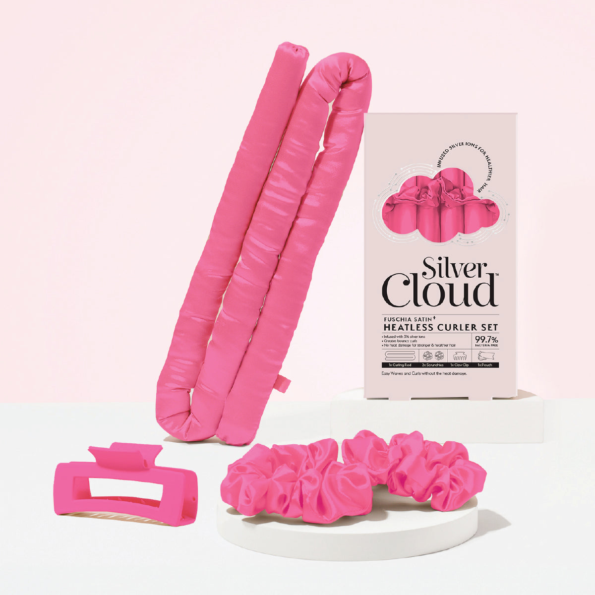 Silver Cloud Fuchsia Heatless Curlers & White Pillowcase