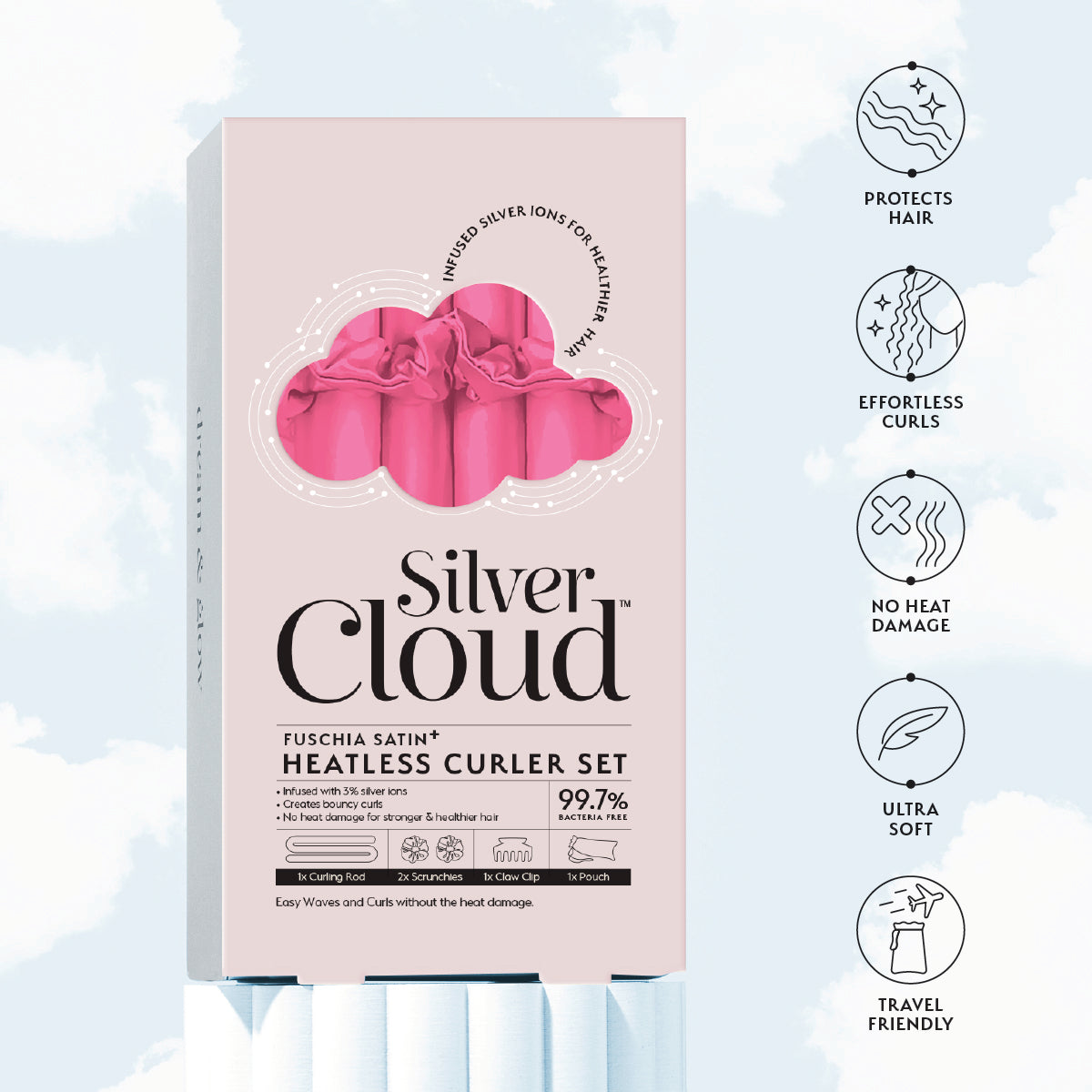 Silver Cloud Fuchsia Heatless Curlers & White Pillowcase