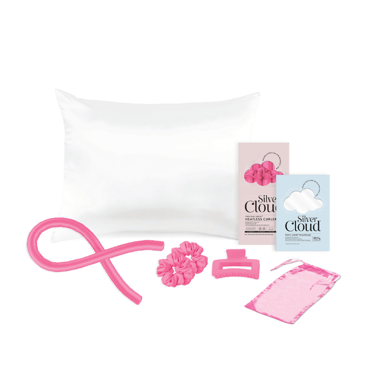 Silver Cloud Fuchsia Heatless Curlers & White Pillowcase