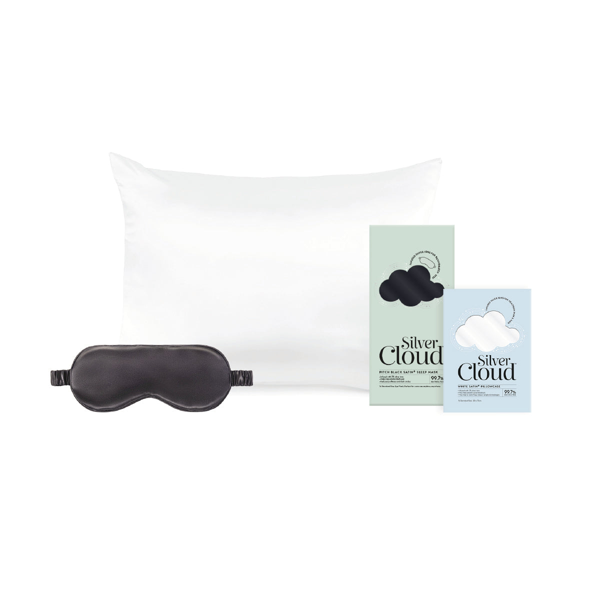 Silver Cloud Satin Sleep Mask & Pillowcase Bundle – Black & White