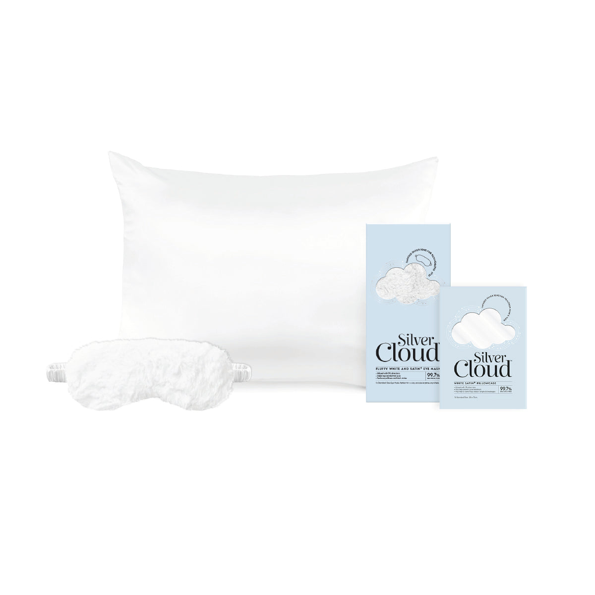 Silver Cloud Satin Fluffy Sleep Mask & Pillowcase Bundle - White