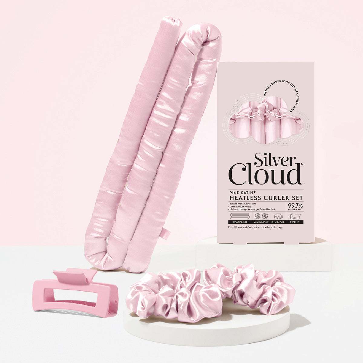 Silver Cloud Silver-Infused Heatless Curler Set & Pillowcase Bundle – Pink