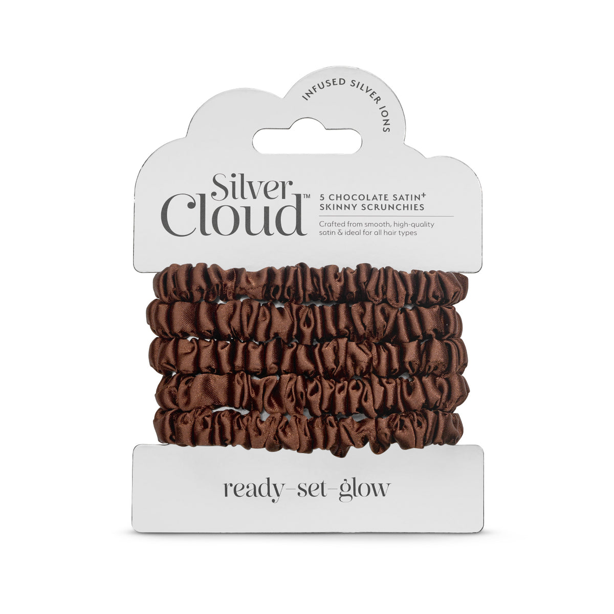 Silver Cloud Skinny Soft Satin Hair Scrunchie Chocolate 5 Pack