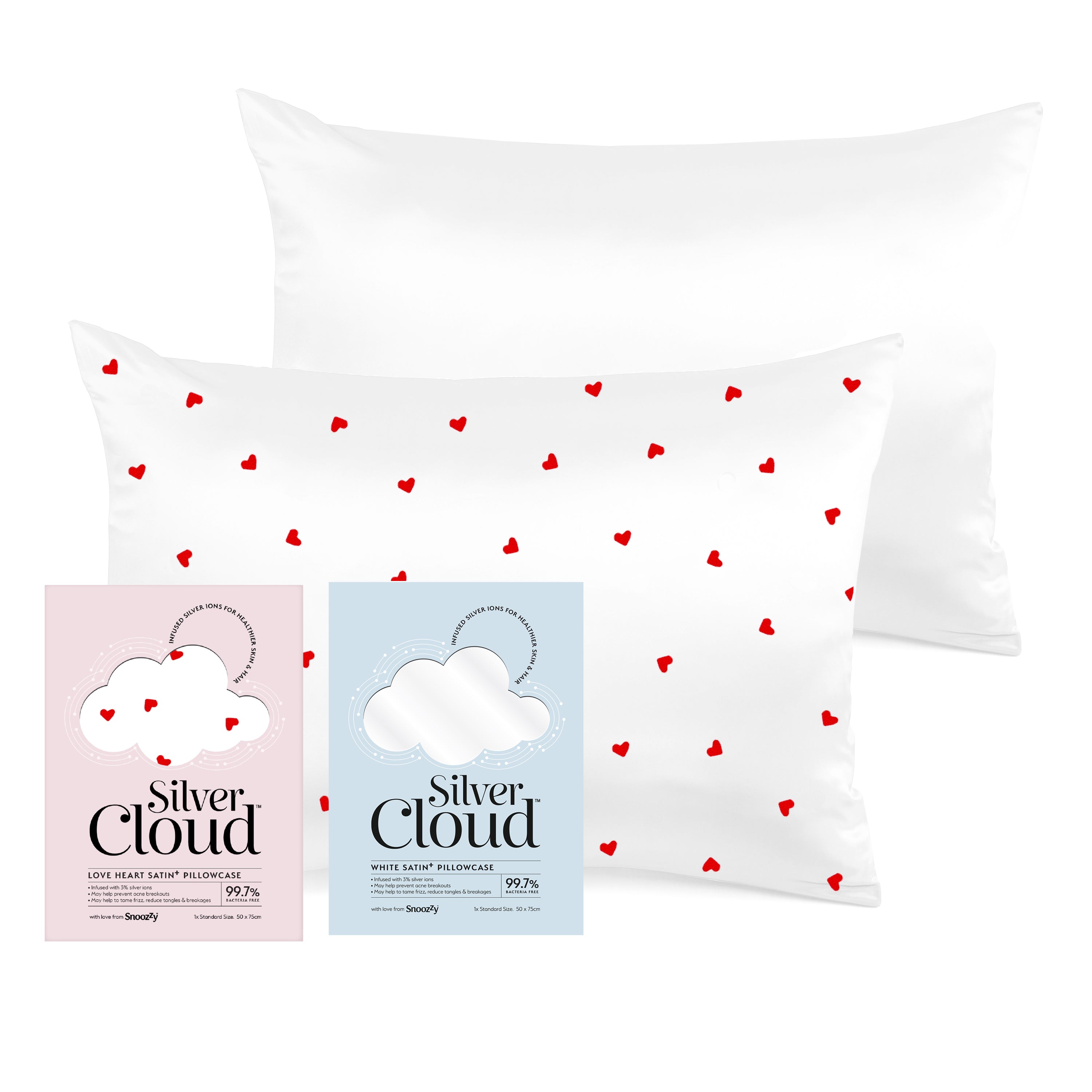 Silver Cloud Heart Print & White Satin Pillowcase Twinpack