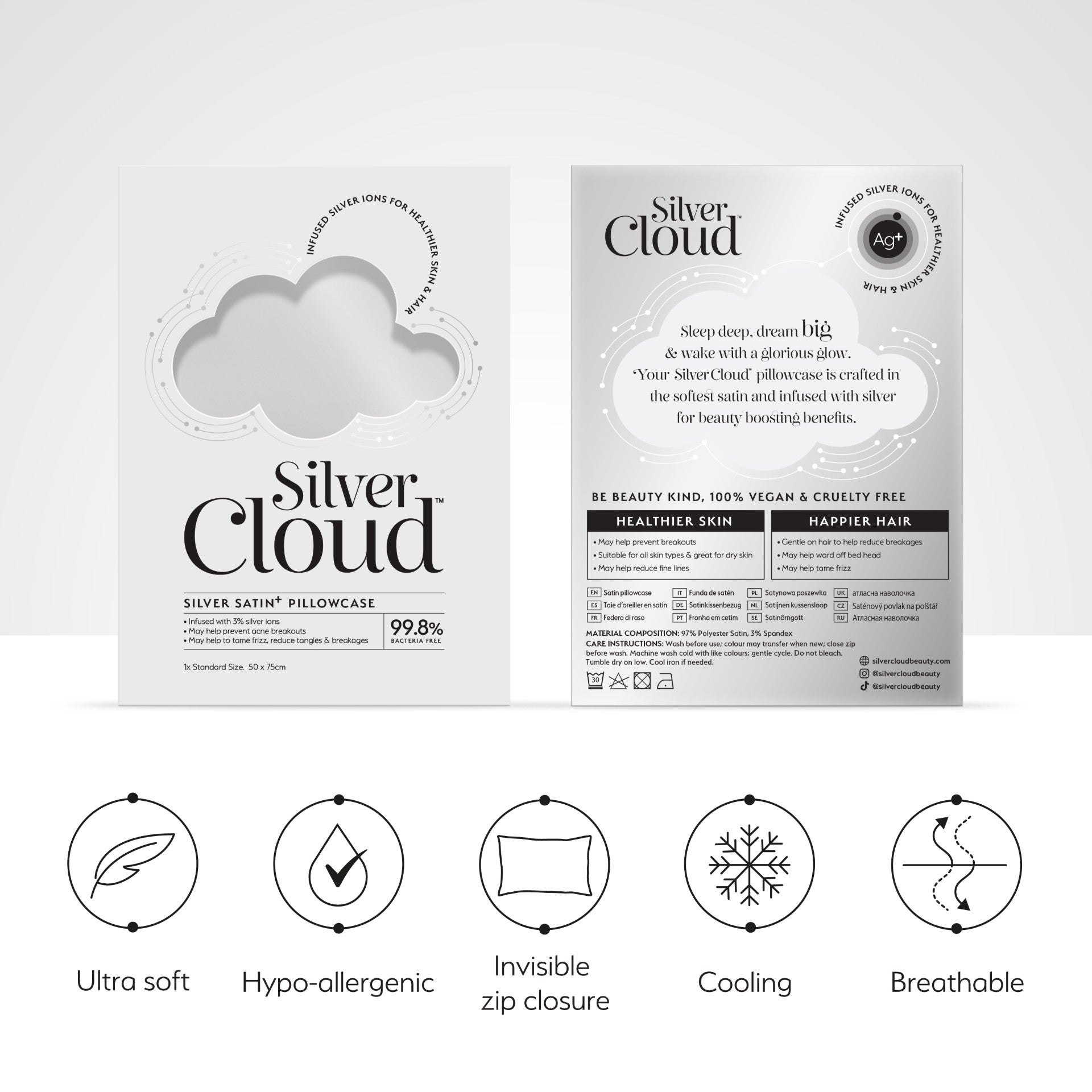 Silver Cloud Satin Pillowcase Infused With Silver Ions