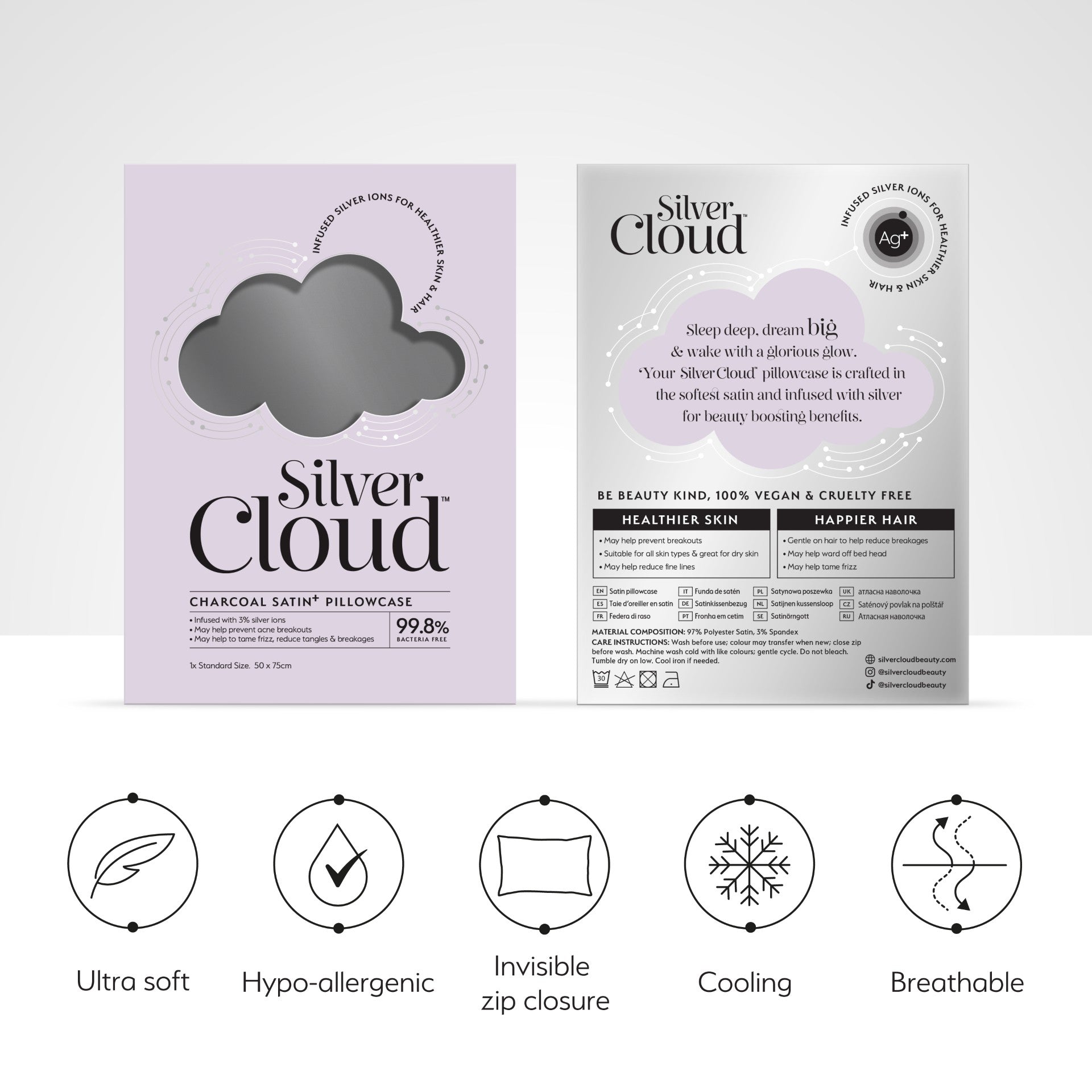 Silver Cloud White & Charcoal Satin Pillowcase Twinpack