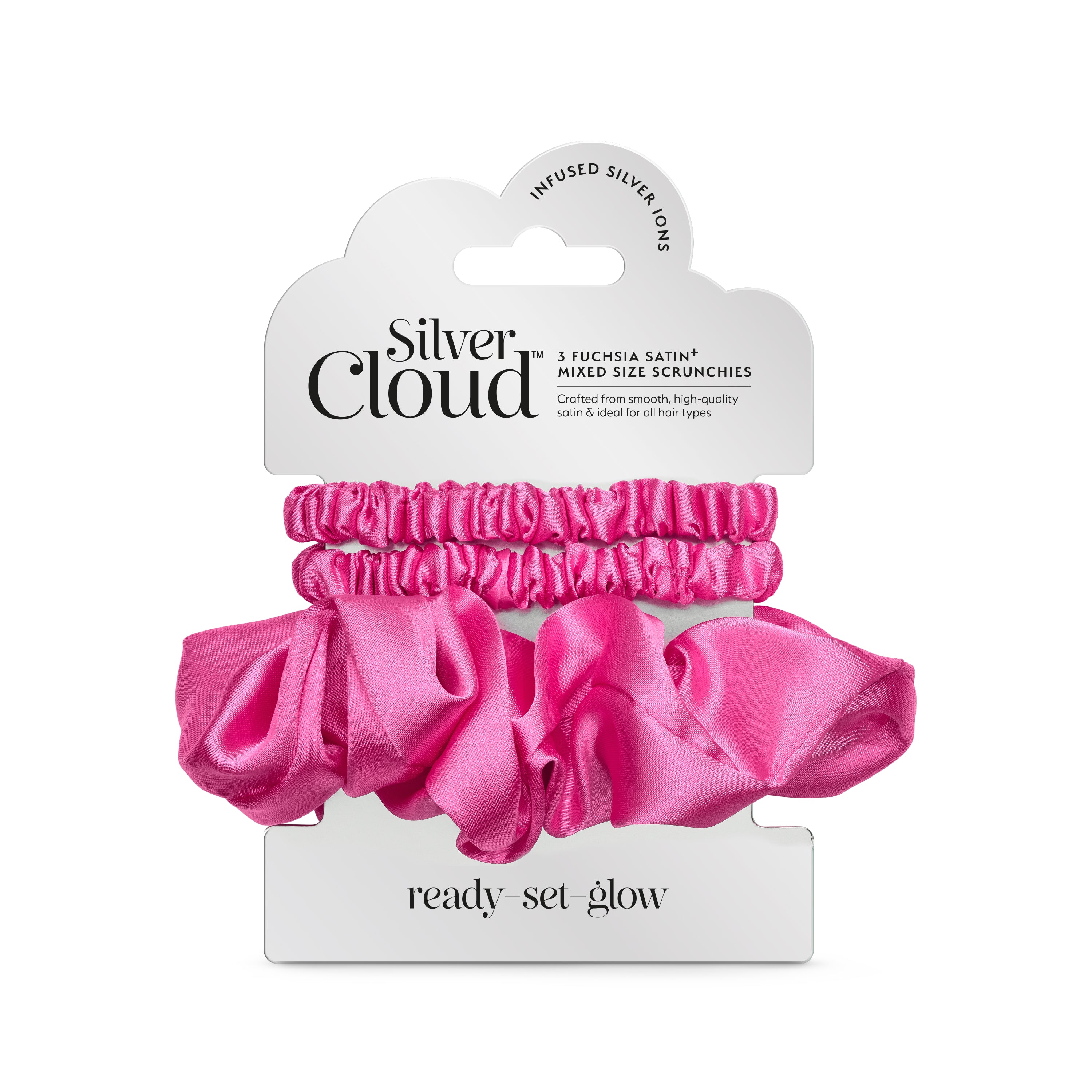 Silver Cloud Satin Hair Scrunchie Trio Combo Fuchsia 3 Pack