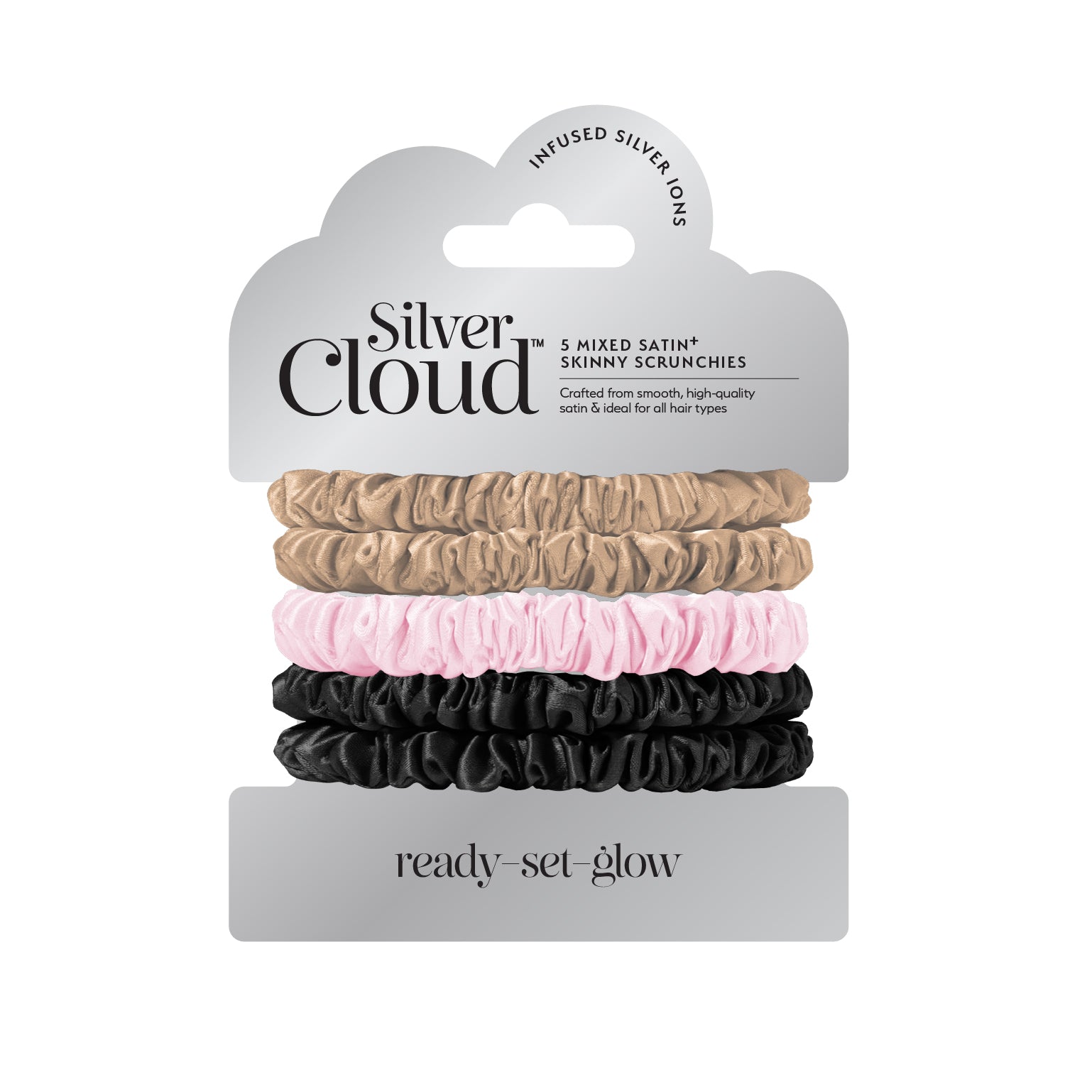 Silver Cloud Satin Skinny Scrunchie – Combo Pack (5-Pack)